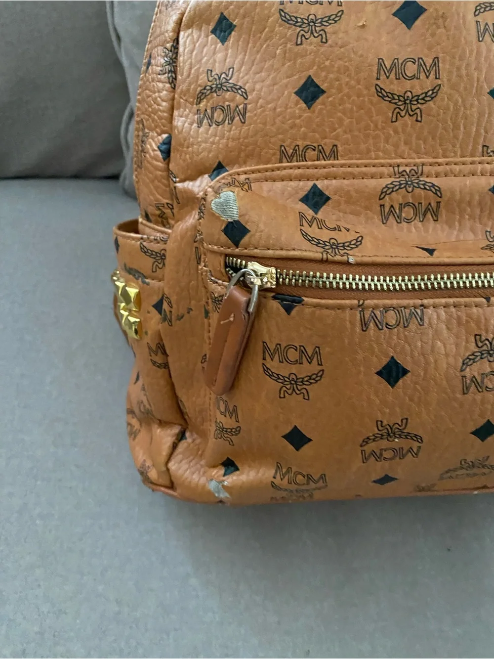 MCM Brown Visetos Logo Backpack with Gold Hardware